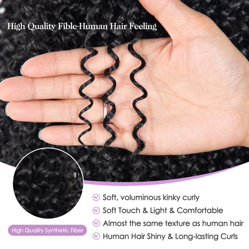 Reehaaboo Kinky Curly Half Wig for Women - 3-in-1 Synthetic Curly Half Wig with Drawstring & Glueless 22 Inch Natural Black Beginner Friendly