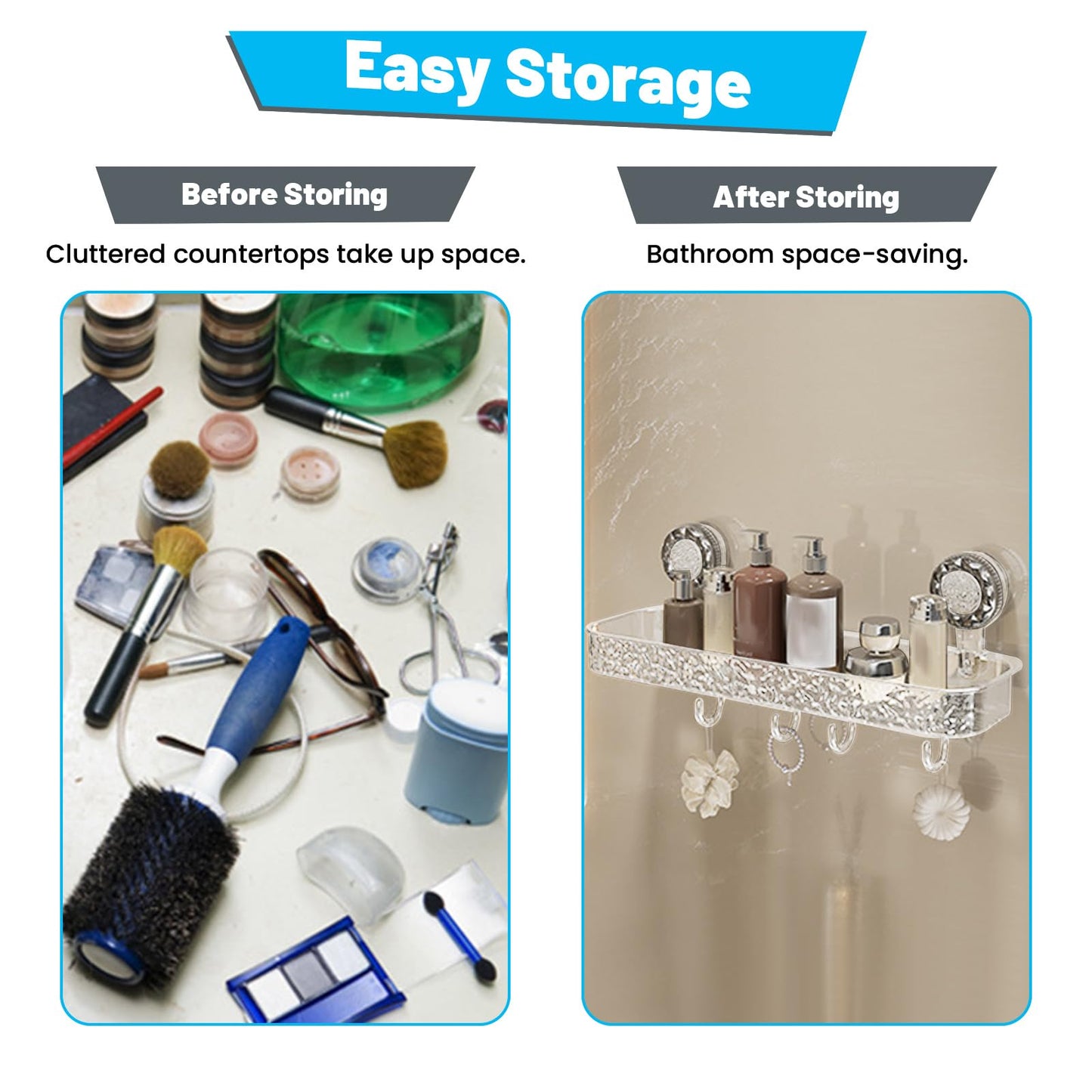 LELE LIFE Suction Cup Shower Caddy - Acrylic Shower Organizer Large Removable Bathroom Shelf, Powerful Suction Basket Bathroom Storage Rack with 4 Hooks, Clear