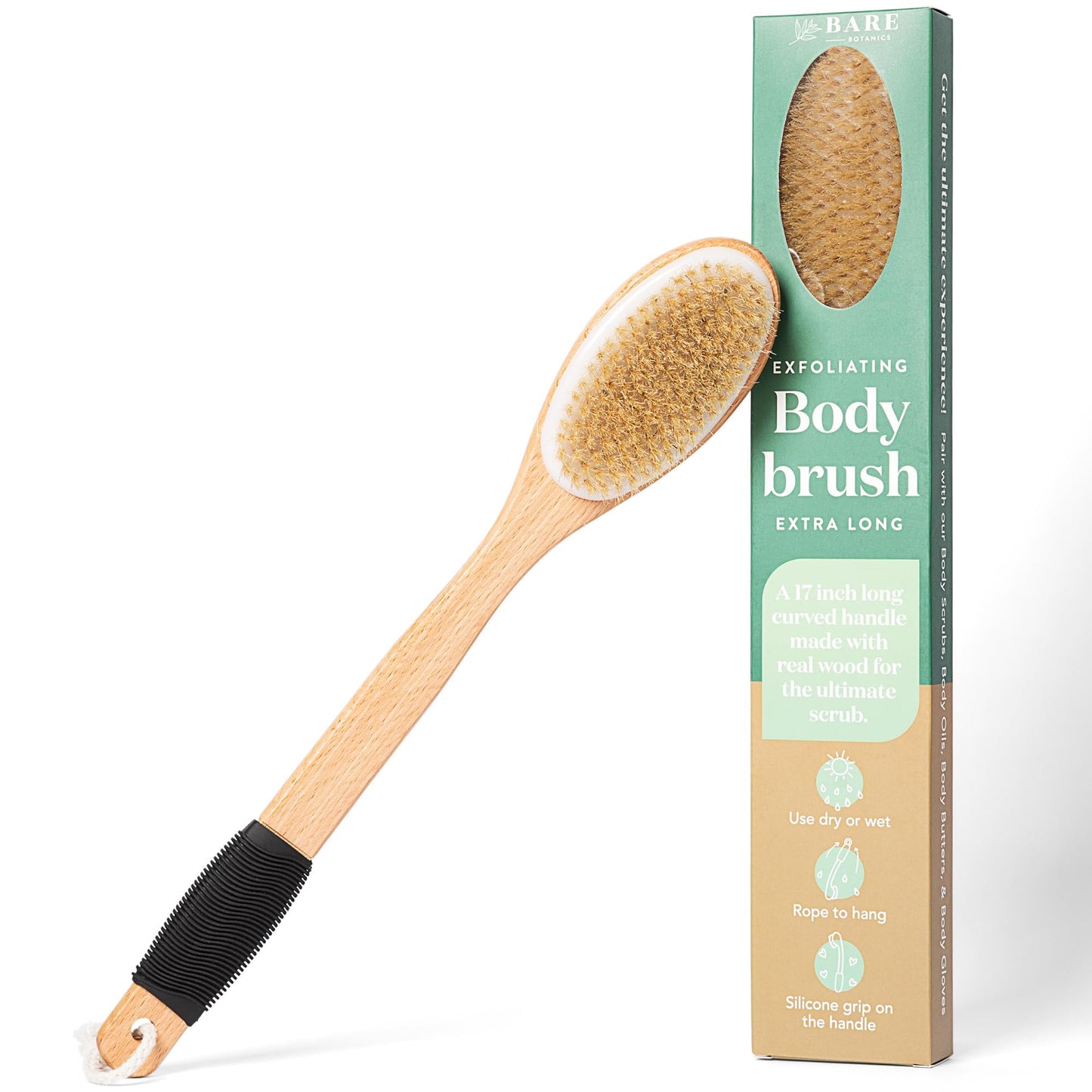 Bare Botanics 17" Dry Brushing Body Brush - Medium Firmness, Natural Color & Silicone Grip - Extra Long Bath Brush - Ergonomic Curved Handle Design w/Hang Rope - Back Scrubber for Shower