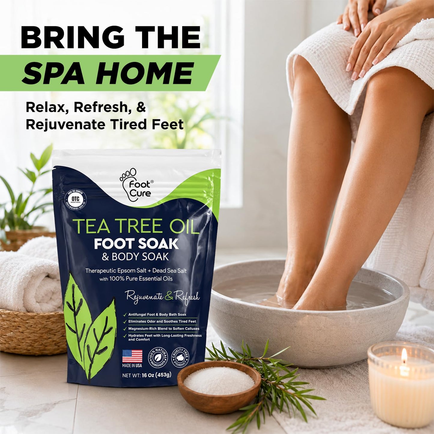 Tea Tree Oil Foot Soak with Epsom Salt - For Toenail Repair, Athletes Foot, Softens Calluses, Soothes Sore & Tired Feet, Nail Discoloration, odor Scent, Spa Pedicure Care - Made in USA 16 oz