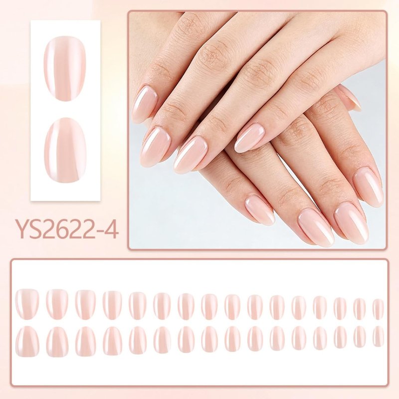 Nude Press on Nails Short Oval Nail Press ons with Natural Glossy Finish Full Cover Solid Color Stick on Nail for Women Manicure 32Pcs