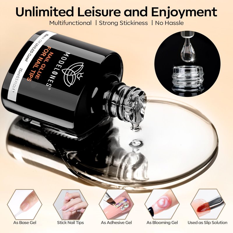 modelones X Gel Nail Glue and Top Base Coat Set, 15ML 3 PCS No Wipe Clear Gel Polish 9 in One Nail Glue for Nail Tips Press Ons Rhinestone Long Lasting Glossy Soak Off U V Manicure Gift Kit for Women