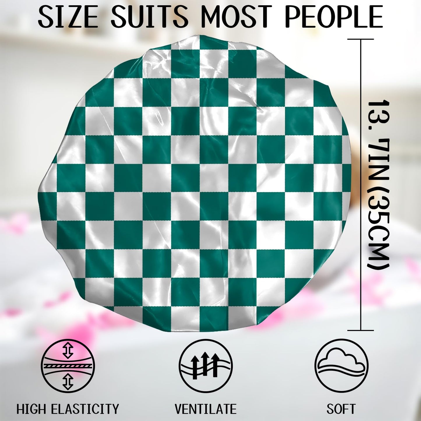 Zewurtuw Luxury Shower Cap Terry Cloth Lined EVA Waterproof Reusable Triple Layer Elastic Hair Bath Caps for Women Girls Cute-Green Checkered
