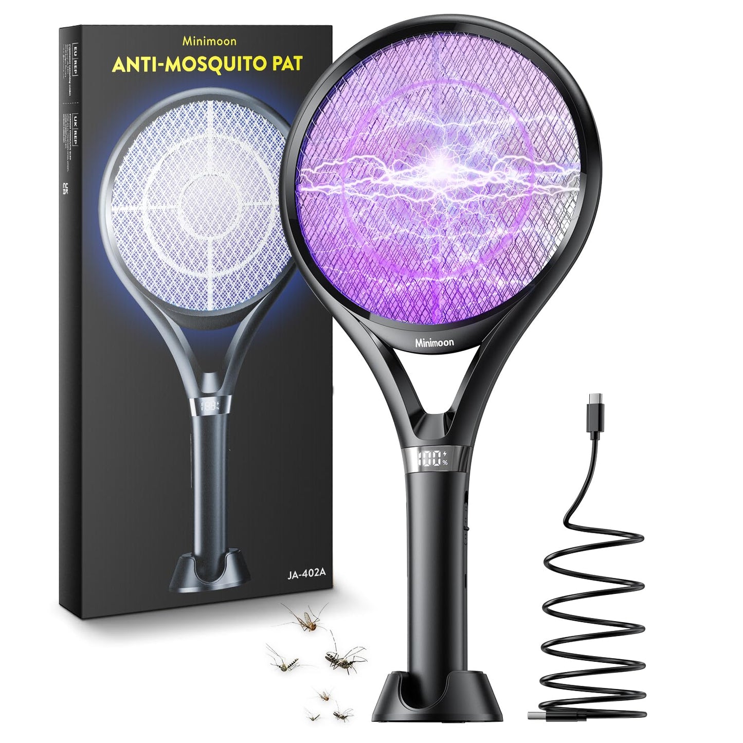 Minimoon Electric Fly Swatter with LED Display, 2000mAh Rechargeable Fly Swatter Racket, 2500V Bug Zapper Racket Dual Modes, Mosquito Killer Lamp with 3 Layers Safety Mesh for Indoor Outdoor Camping