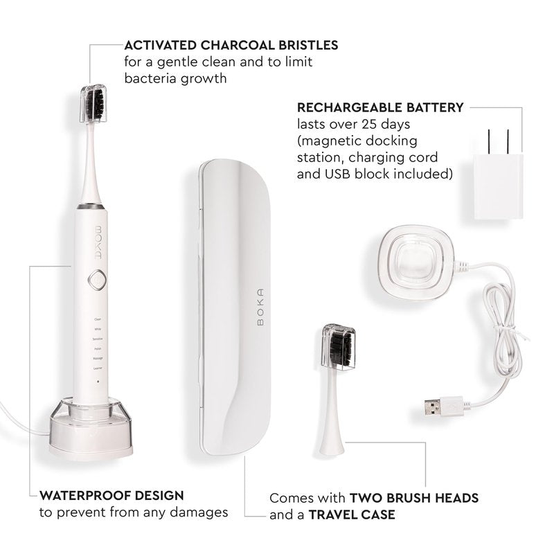 Boka 3.0 Electric Toothbrush for Adults w/ 2 Heads - Rechargeable Sonic Powered Tooth Brush - Charcoal Activated Bristles for Deep Cleaning - Dentist Recommended Oral Care - Charging Base w/Micro USB