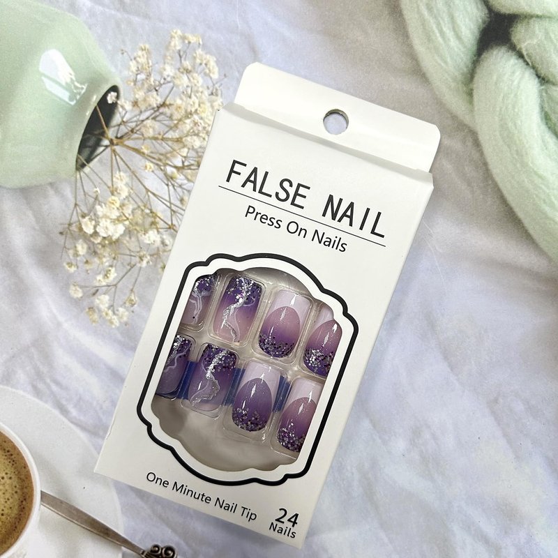 Medium Square Press-On Nails - Purple Marbling Design | Glossy Full Cover Acrylic Fake Nails, 24 Pcs