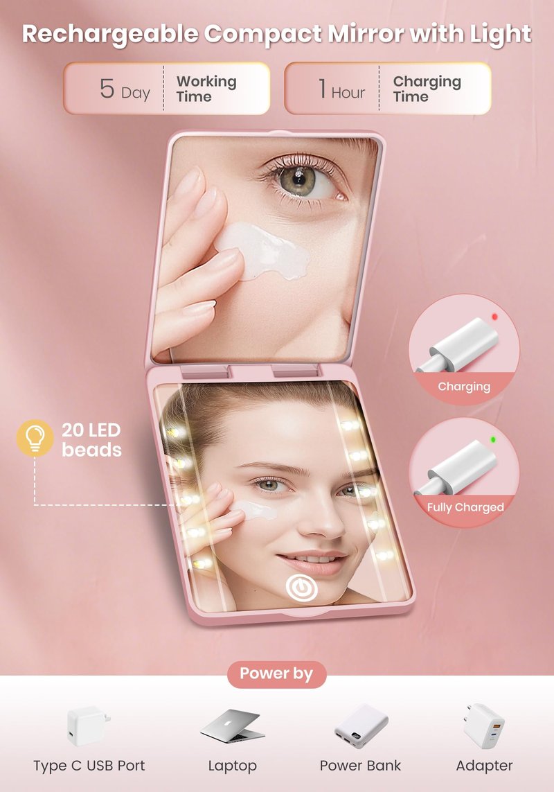 SisKokoro Compact Mirror, Rechargeable 30X Magnifying Mirror with 3 Lighting Modes & Dimmable Brightness, Portable Travel Makeup Mirror with Light, Essentials for Travel, Pocket, Purse Pink