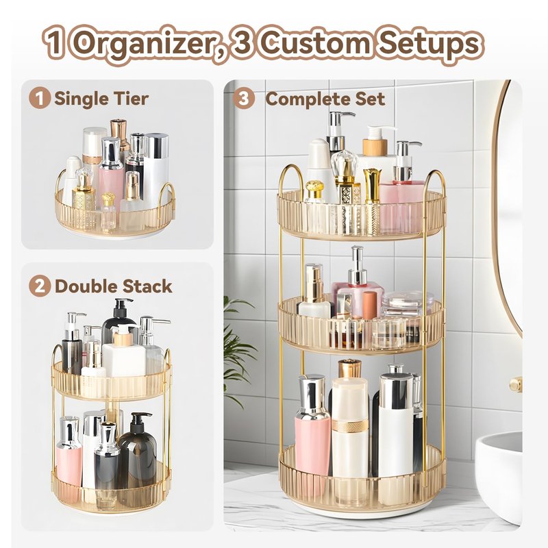 360° Rotating Makeup Organizer for Vanity, 3 Tier Perfume Organizers Skincare Organizers and Storage for Bathroom Countertop, Spinning Cosmetic Organizer for Bedroom Dresser Counter (Gold)