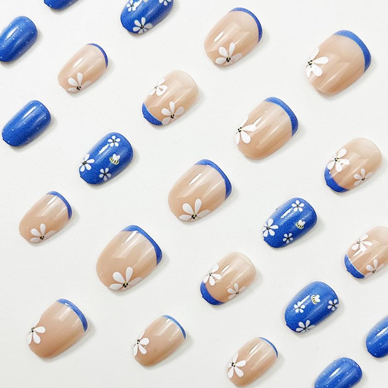 Skiennix Blue French Tip Press-On Nails - Short Almond Floral Design | Reusable Glossy Acrylic for Women