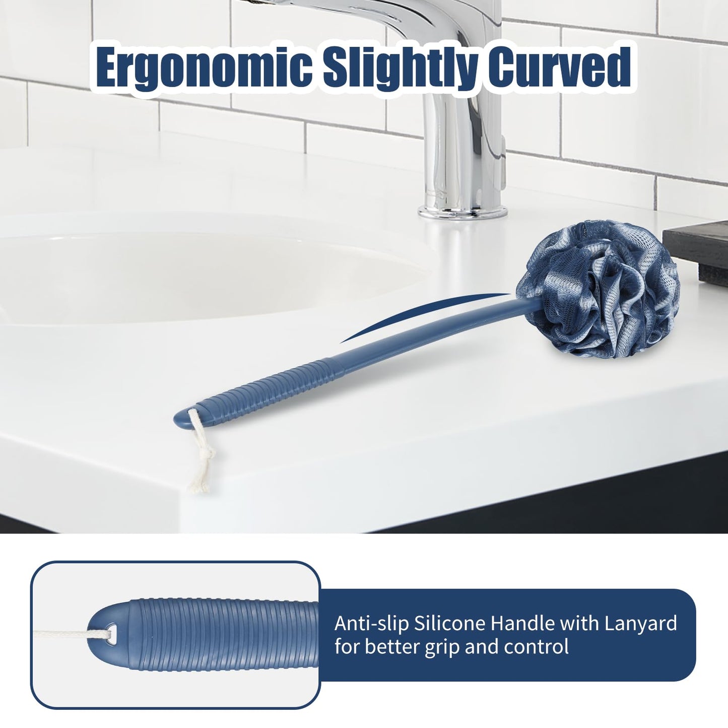 VANZAVANZU Loofah Sponge Set Loofah Exfoliating Body Scrubber, Anti-Slip Plastic 17" Handle Loofah on a Stick with Fluffy Shower Sponge, PE Soft Mesh Shower Loofahs-Blue with White Edge