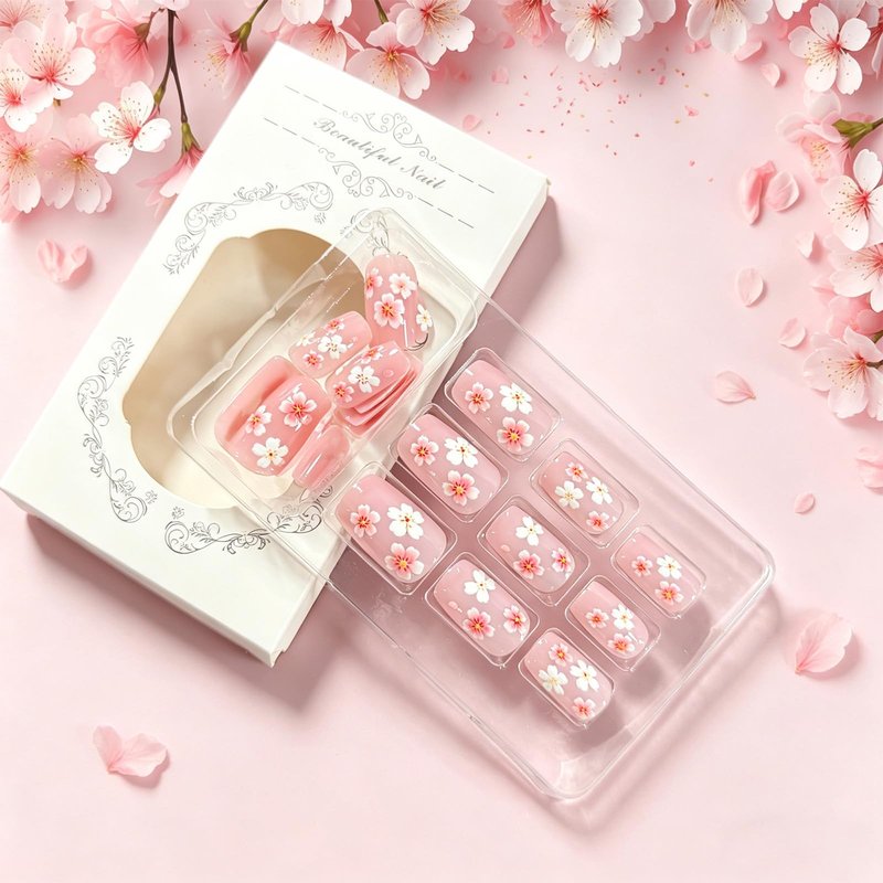 GCSQW Flower Press on Nails Medium Square Fake Nails with Cherry Blossoms Design Glossy Pink Acrylic Nails Press ons, 24Pcs Spring Summer Floral Stick on Nails for Women Daily Wear