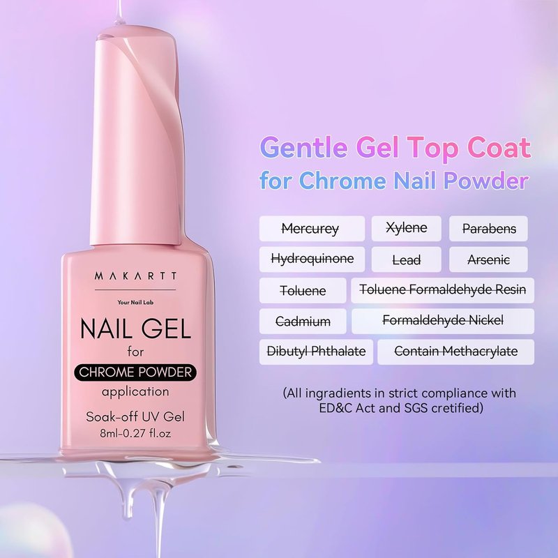 Makartt No Wipe Gel Top Coat - Clear High Gloss Finish for Chrome Nails | 8ml Pink Bottle