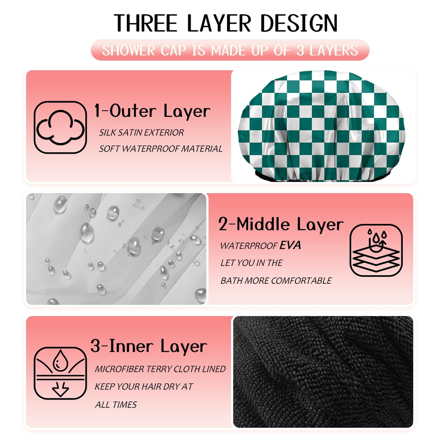 Zewurtuw Luxury Shower Cap Terry Cloth Lined EVA Waterproof Reusable Triple Layer Elastic Hair Bath Caps for Women Girls Cute-Green Checkered