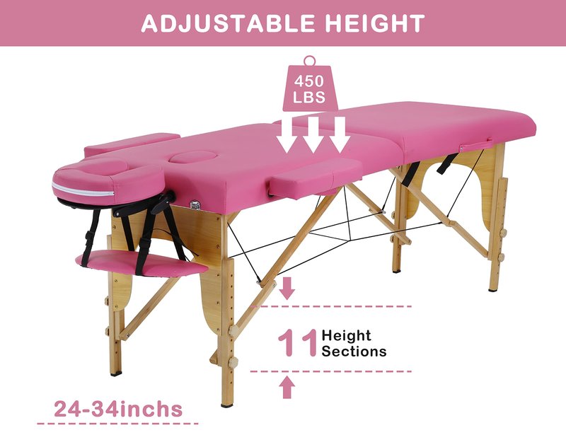 24 In Wide Massage Tables Portable Lash Bed 73 inch Tattoo Table, Height Adjustable Portable Spa Bed, 2 Folding Chiropractic Table w/Carry Case/Face Cradle/Hand Pallet for Travel Physical Therapist
