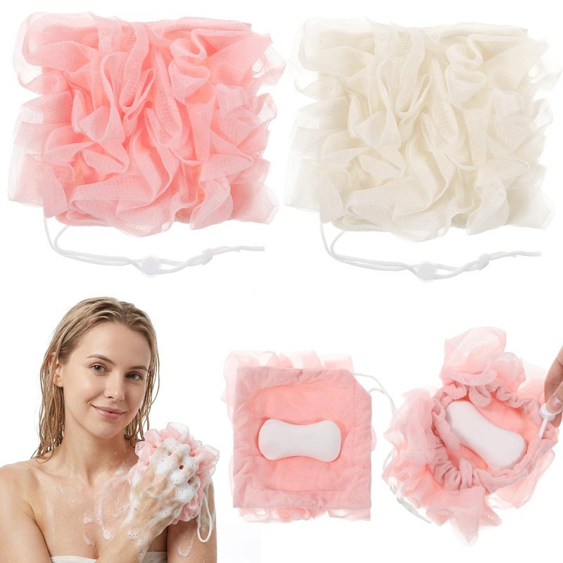 2 Pack Bar Soap Pouch Loofah 2 in 1 Bath Sponge Washable Bar Soap Loofah Washcloth Body Scrubber with Drawstring for Shower(White, Pink)