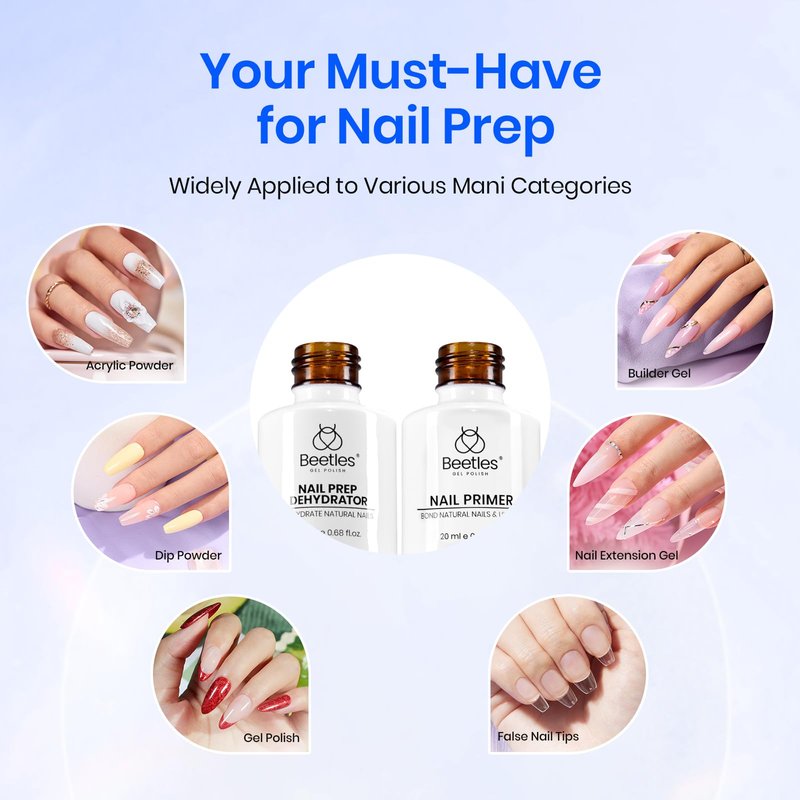 Beetles Nail Dehydrator and Primer, 20ml Large Capacity Acid Free Natural Nail Prep Dehydrate and Primer for UV Gels Superior Bonding Professional Salons Set