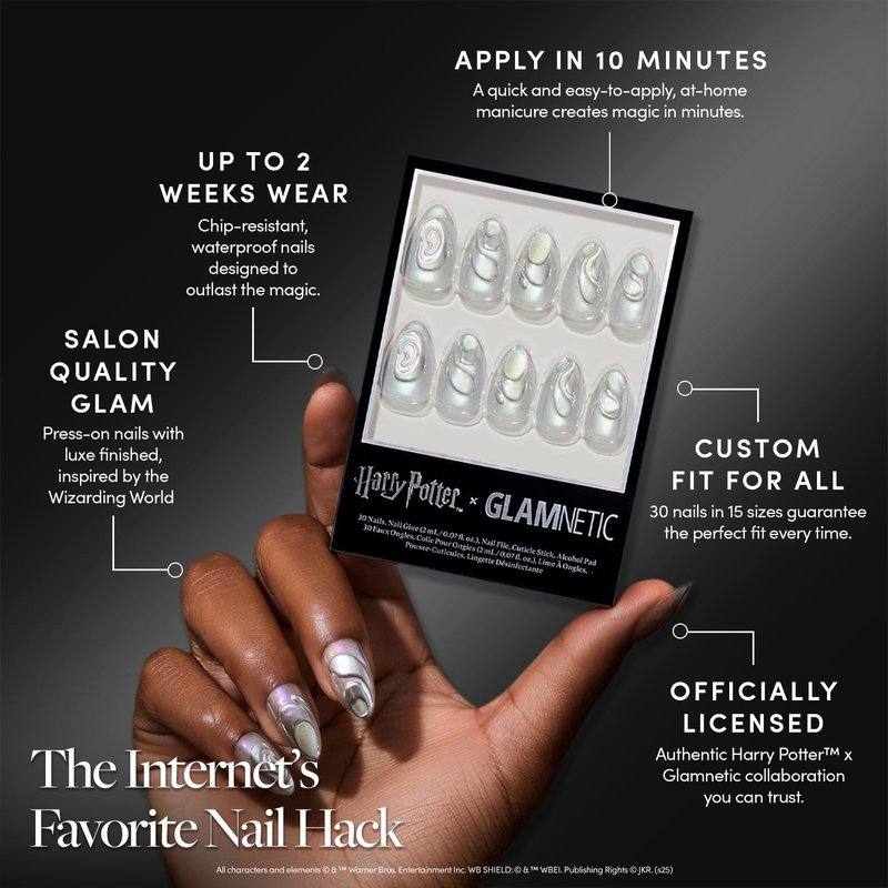Glamnetic Press On Nails x Harry Potter™ - Unicorn Blood | Short Almond Fake Nails with Silver Chrome & 3D Swirl Design, Salon Quality Officially Licensed | 15 Sizes - 30 Nail Kit with Glue