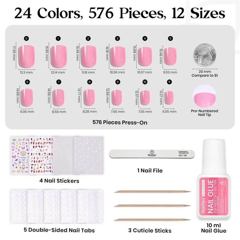 Beetles Press on Nails Kit 576Pcs 24 Colors, Short Square Press on Nails Glossy Matte With Nail Glue & Nail Tabs Stickers, Natural Fit Lightweight Fake Nails Kit Art For Women