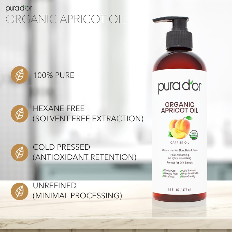 PURA D'OR ORGANIC Apricot Kernel Oil (16 Oz) 100% Pure & Natural USDA Certified