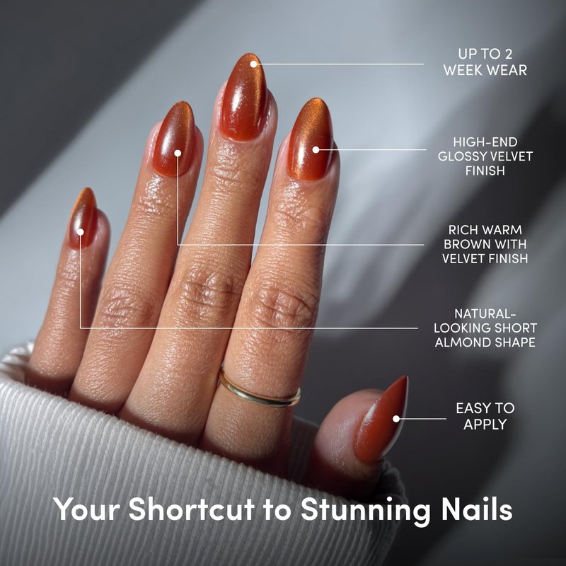 Glamnetic Press On Nails - Brown Short Almond Fake Nails with a Velvet Finish | Salon Quality | Summer Nails | Sicilian Sun |15 Sizes - 30 Nail Kit with Glue