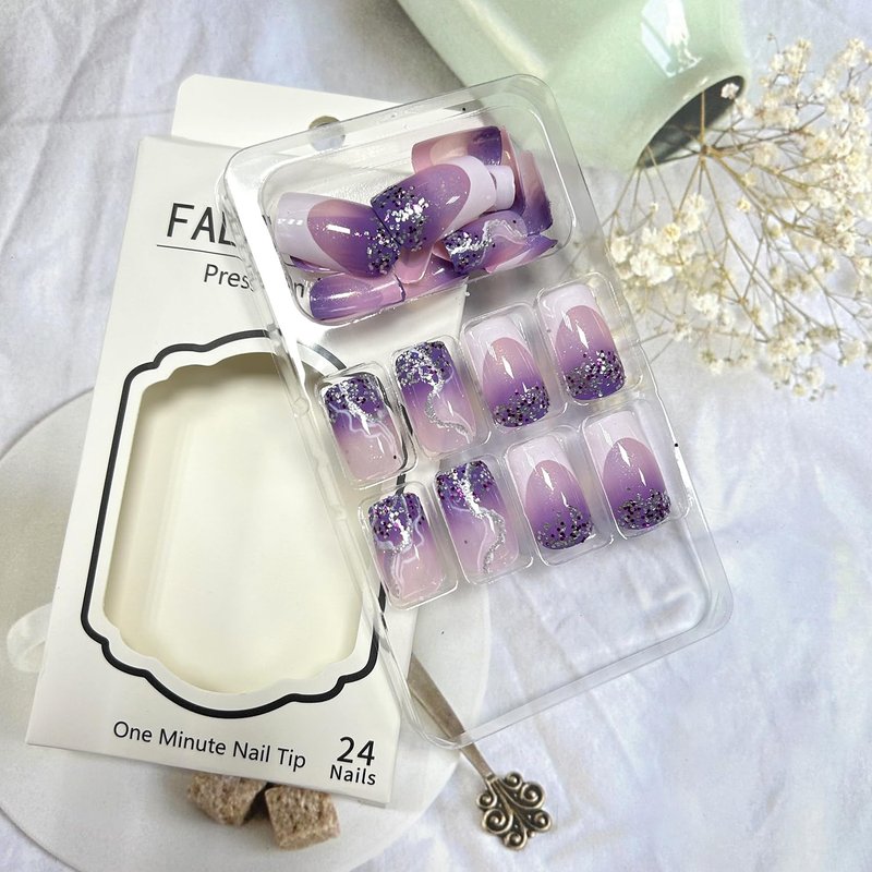 Medium Square Press-On Nails - Purple Marbling Design | Glossy Full Cover Acrylic Fake Nails, 24 Pcs