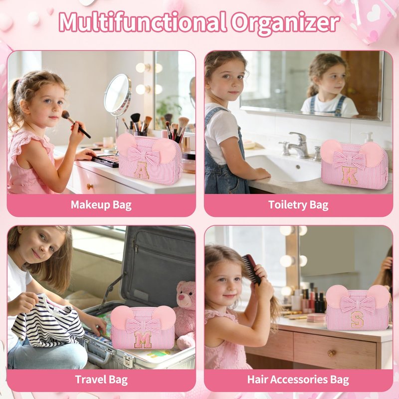 Initial Makeup Bag for Girls, Cute Makeup Bag Small Cosmetic Bag Travel Make Up Organizer Pouch, Birthday Gifts for Girls 4 5 6 7 8 9 10 11 12 13 14 15 Years Old, Teen Girls Gifts Trendy Stuff