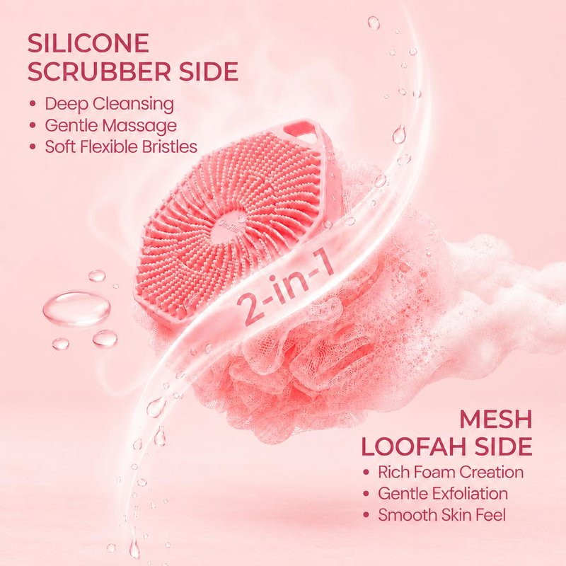 2-in-1 Silicone Body Scrubber & Mesh Loofah Sponge – Exfoliating Silicone Shower Scrubber with Soft Loofa Puff, Bristles, Non-Slip Grip, Quick Dry, Hygienic Body Scrubber for Women & Men