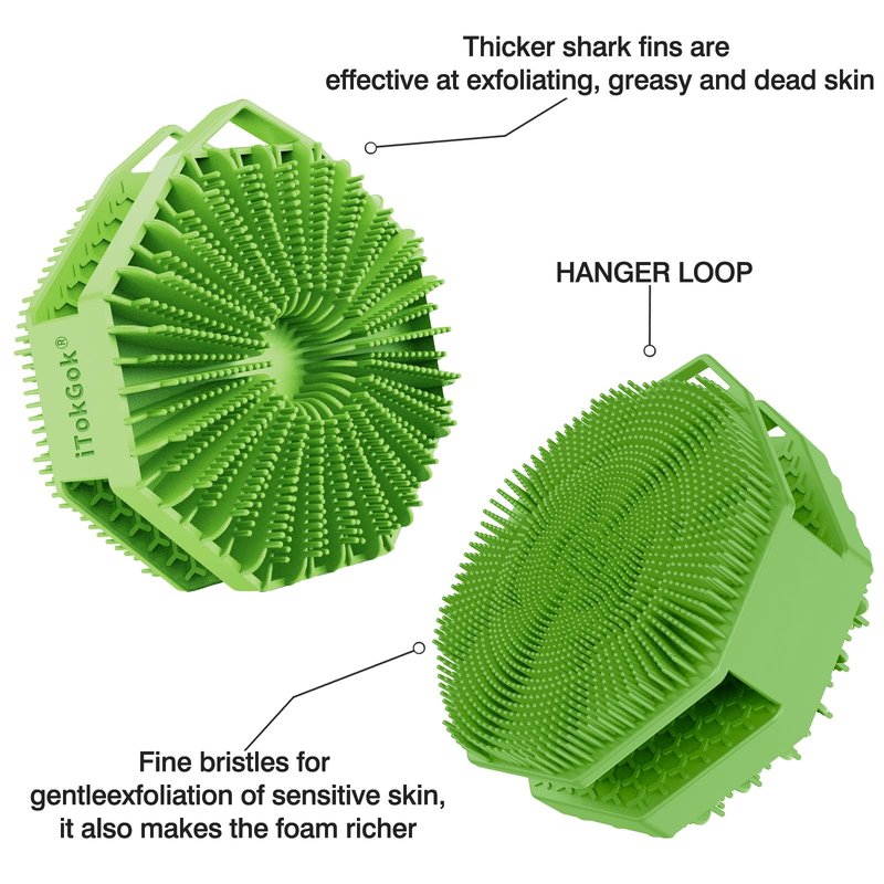 iTokGoK® Premium Silver-Infused Double-Sided Design 2-in-1 Silicone Body Scrubber for Men,Body Buffer Scrubber for Sensitive Skin, Ergonomic No-Slip Handle, Long-Lasting & Easy to Clean - Green