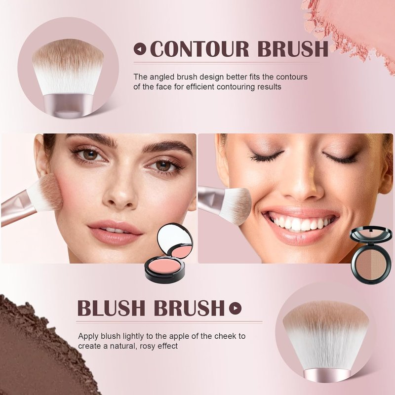 Skiennix Dual Ended Makeup Brush - 2-in-1 Angled Face Sculpting & Fluffy Blush Brush | Premium Synthetic Bristles, Travel-Friendly (Rose Gold)