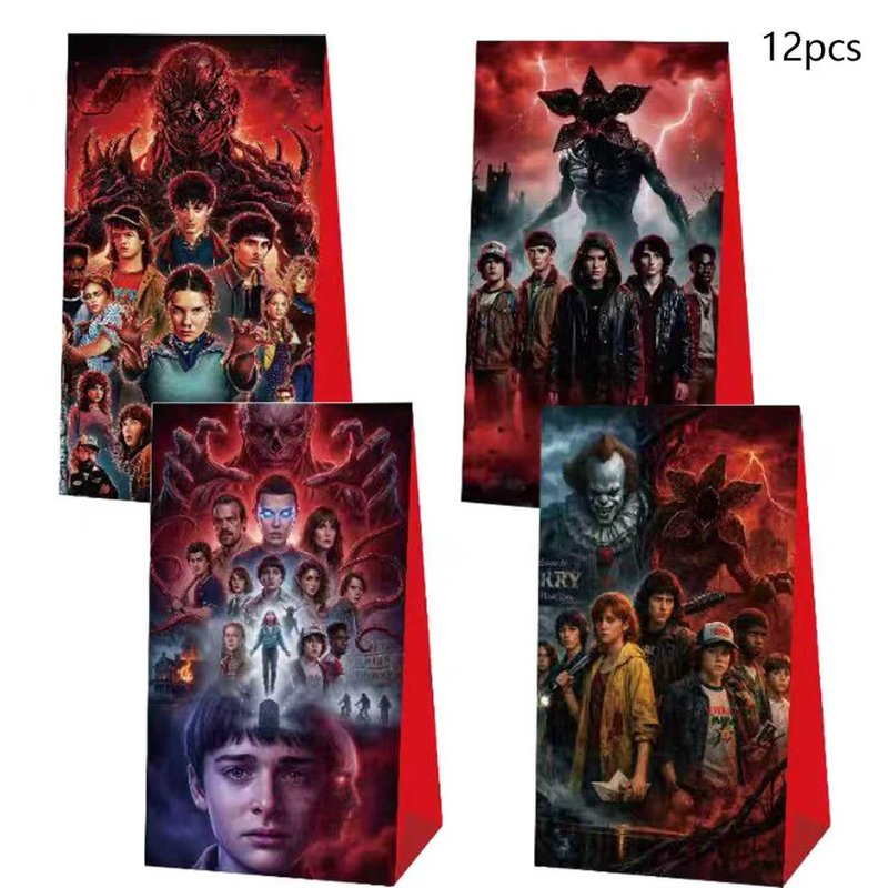 12 PCS of Stranger -themed party gift bags. Made of kraft paper and equipped with handles, they are perfect for holding candies, snacks, etc. They are suitable for various festivals and birthday parties.