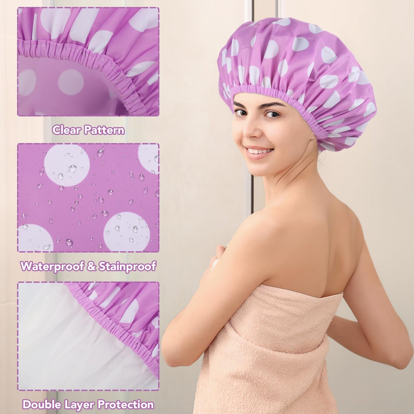 WSICSE 2 Packs Large Shower Caps for Women, Reusable Waterproof Shower Cap Bath Caps with Hair Scrunchies for Long Thick Hair (Purple/Orange)