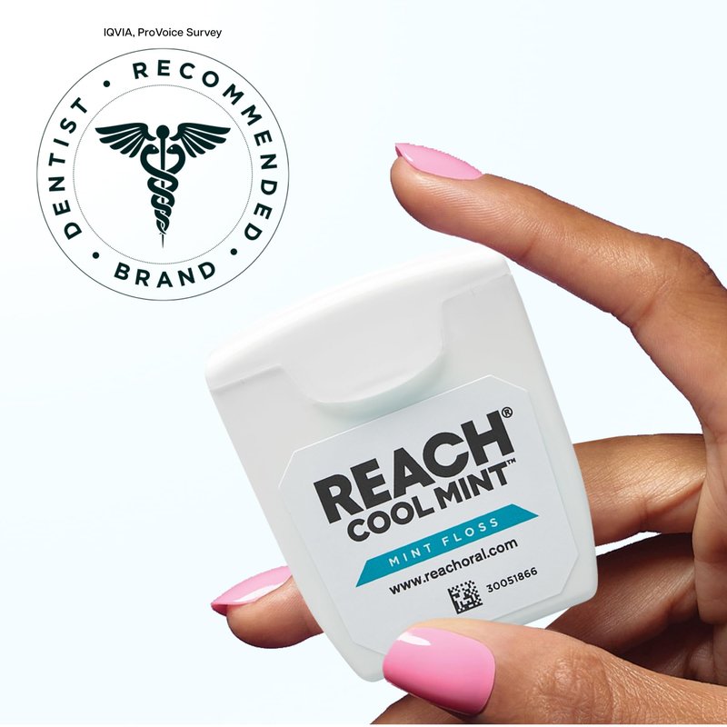 REACH Cool Mint Dental Floss, Fresh Mint, Plaque Remover for Teeth, Shred Resistant, Waxed, Easy on Gums & Teeth, Fresh Breath, Oral Care, PFAS Free, for Adults & Kids, 1 Pack, 55yd