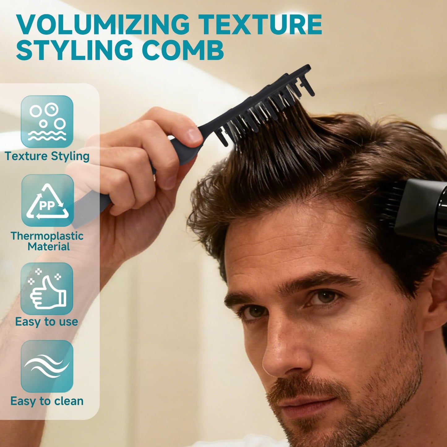 Utmiga Texture Comb, Volumizing Fluffy Texture Styling Comb for Men and Women, Wide-Tooth Texturizing Styling Tool for Volume & Fringe Parting, ABS Plastic with Textured Grip Tool for Men, Black