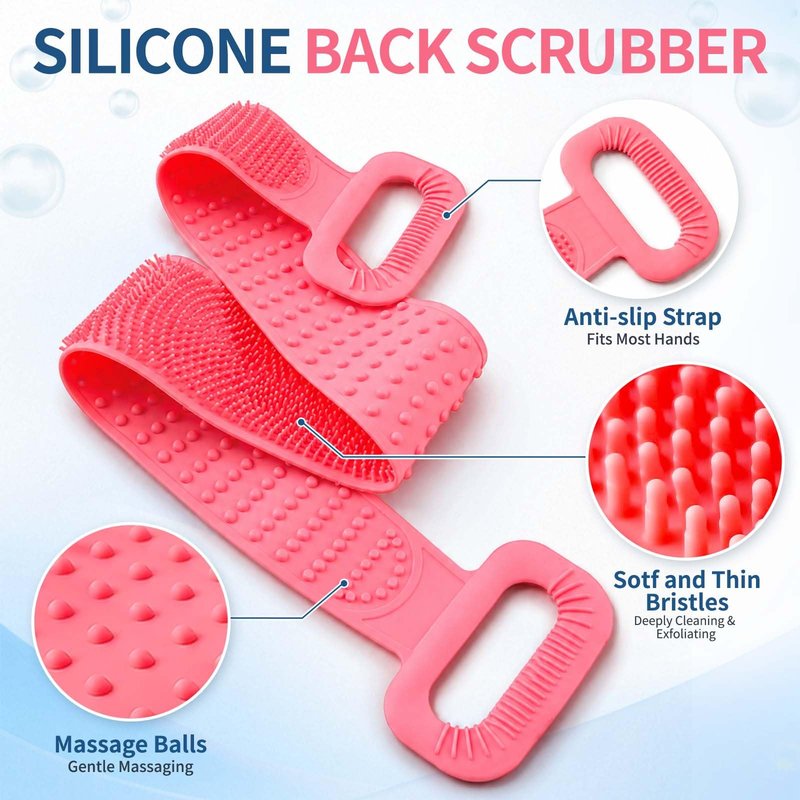 Manmihealth Silicone Back Scrubber for Shower & African Net Sponge Net Set, 36'' Dual-Sided Back Washer & African Long Bath Sponge, Extendable Long Silicone Body Brush (Pink+Pink)