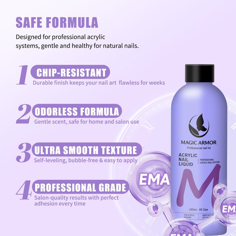 8FL.OZ EMA Monomer Acrylic Nail Liquid with 3 Acrylic Brushes (8/10/14) for Nail Extensions & Carving, MMA-Free, Non-Yellowing, Ideal for DIY & Professional Salon Use