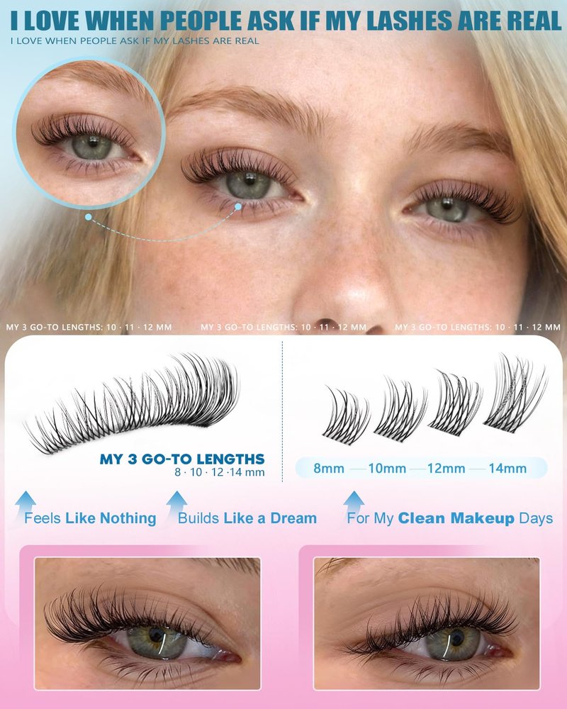 Short Natural Lash Clusters 8-10-12-14MM Wispy Eyelash Clusters Clear Band Lashes Clusters C-Curly Cluster Eyelash Extensions Clean Makeup Individual Lashes Natural Look TNFVLONEINS