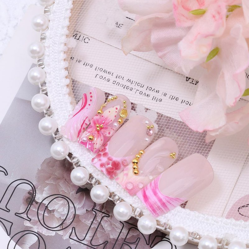 24Pcs Summer Starfish Press on Nails Long Square Fake Nails 3D Pink Floral with Gold Rhinestones Cute Design Ocean Beach Glue on Nails Acrylic French Tip False Nails Stick on Nail for Women Manicure