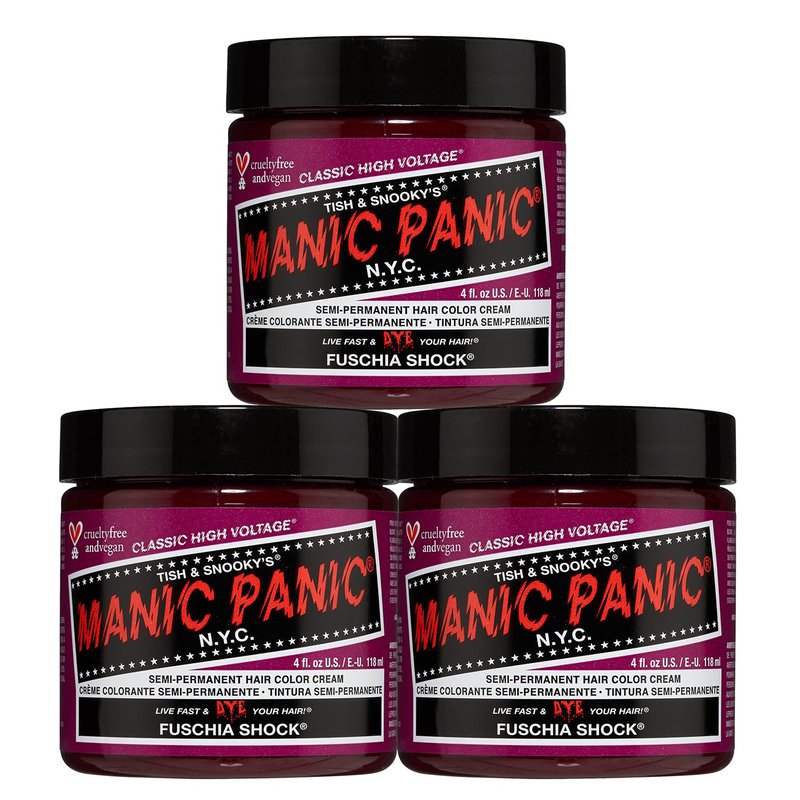 MANIC PANIC Classic Fuschia Shock Hair Color - Dark Pink Semi-Permanent Dye | Vegan & Cruelty-Free, Lasts 4-6 Weeks (3 Pack)