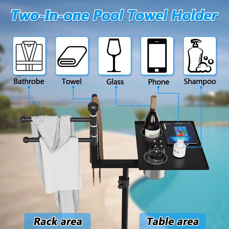 2-in-1 Pool Towel Rack Outdoor, Adjustable Height Poolside/Hot Tub Side Towel Rack Combine 360°Rotating 3-Bar & Tabletop, Space-Saving Freestanding Towel Holder for Poolside, Hot Tub, Patio Area