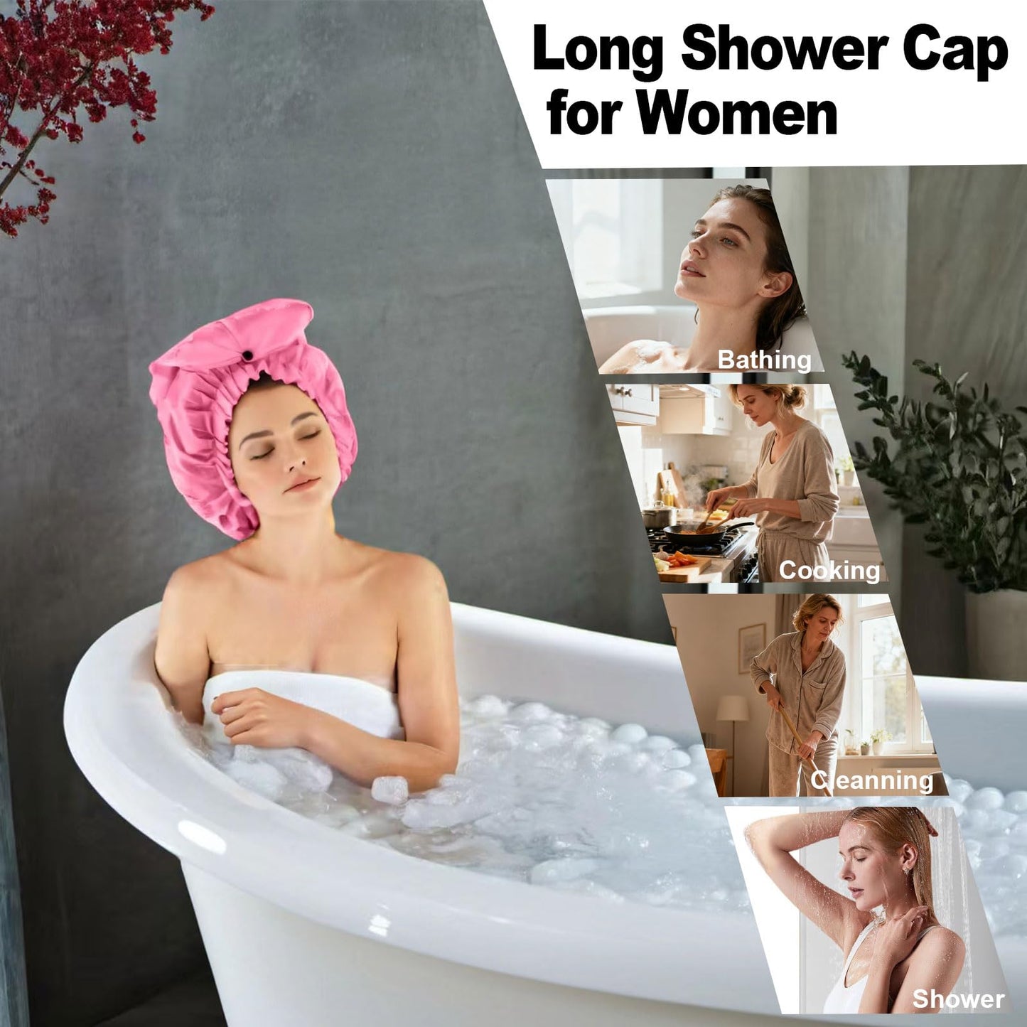ELEBOX Extra Large Shower Cap for Braids/Curly Hair/Dreadlock | Reusable Waterproof Long Bonnets for Women Bath/Swim/Cooking/Cleaning/Spa | XL Bathing Cap with Adjustable Drawstring & Button, Pink