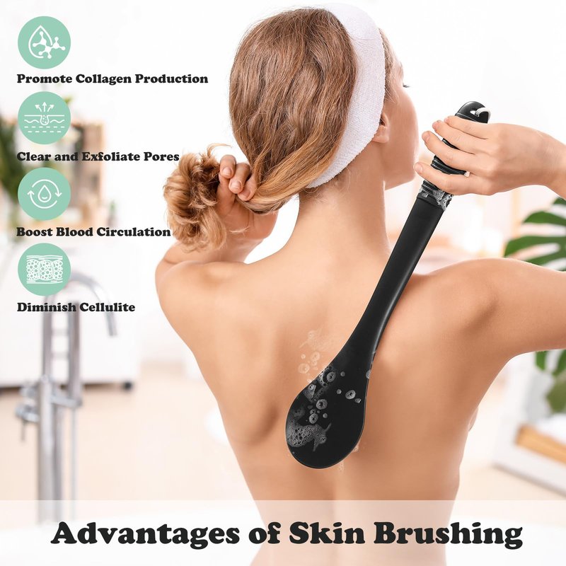 ROLIZOE 17-Inch Back Scrubber for Shower, Anti-Slip Exfoliating Body Brush for Bath, Gentle Back Brush for Shower for Men, and Women, Cleaning Skin for Smooth, Glowing Skin (Black)