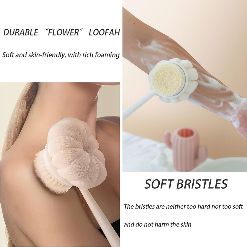Body Brush with Bristles and Loofah, Long Handle Back Scrubber for Shower - Anti-Slip Shower and Bath Brush for Men and Women