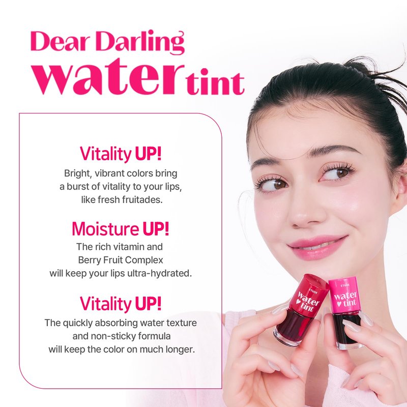 ETUDE Dear Darling Water Tint - Cherry Ade (9g) | Vivid Color Lip Stain with Moisturizing Weightless & Non-sticky Finish Lip Stain | Smudge-proof Lip Tint | Korean Makeup, Kbeauty