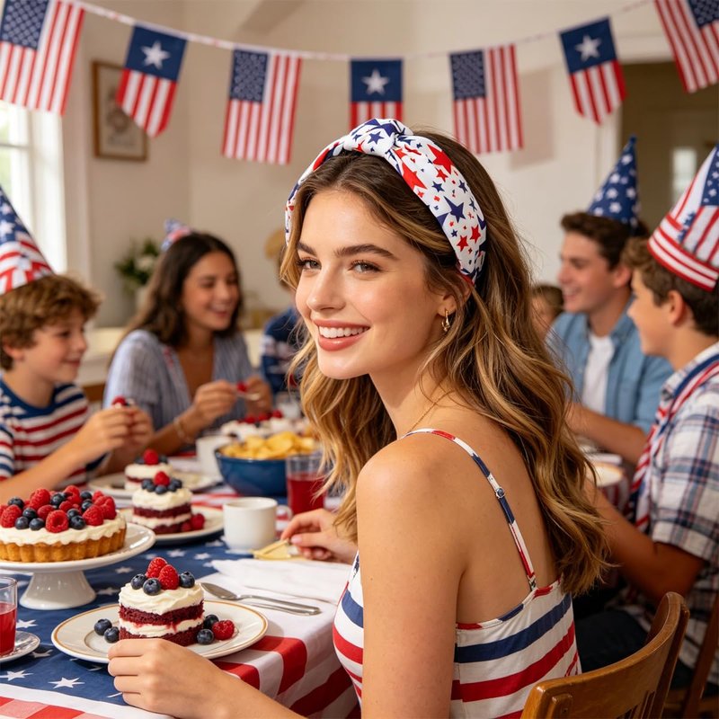 Regine Switzerland Patriotic Knotted Headband - Red, White & Blue Star Print | Comfortable Non-Slip Hairband for Women