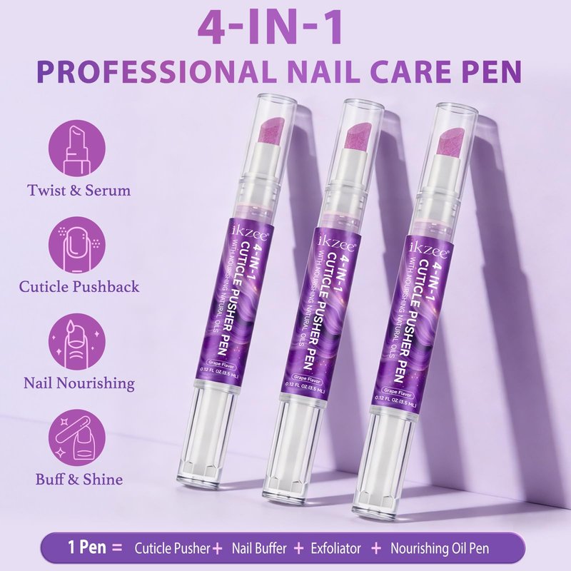 ISUNRISE Cuticle Oil Pusher Pen, 4-in-1 Cuticle Pusher & Oil Pen, Portable Nail Care Pen for Exfoliating, Nail Shape, Polishing, Nourishing, Home & Travel Use