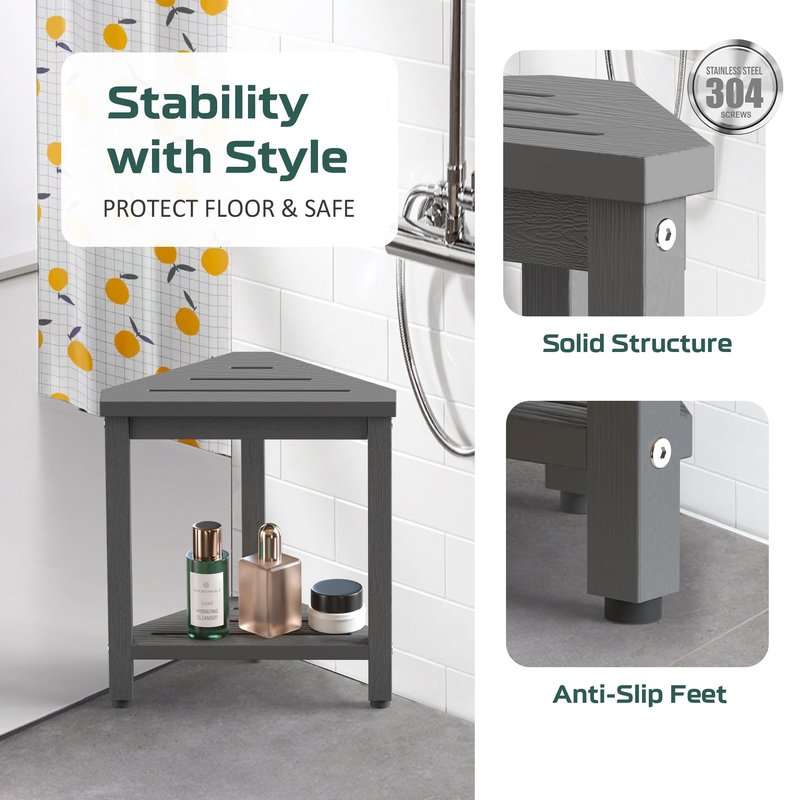 Shower Foot Rest 14in, HIPS Waterproof Shower Stool for Inside Shower, Corner Shower Stool for Shaving Legs with Storage Shelf, Shower Step Stool for Small Space, Plastic Corner Shower Bench, Grey