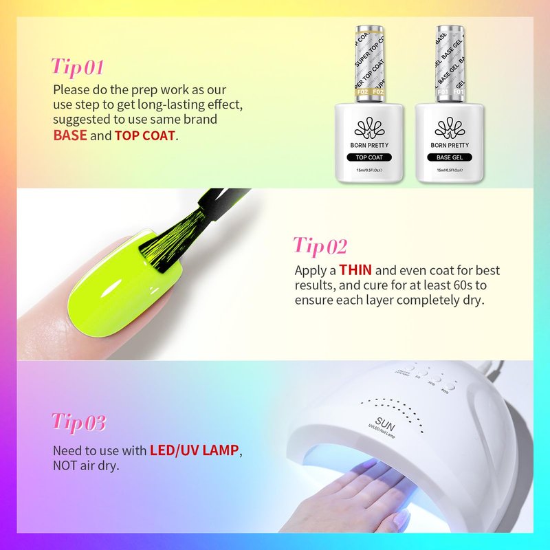 Born Pretty Gel Nail Polish Spring Summer Neon Fluorescent Orange Hot Pink Blue Yellow Green Purple Soak Off U V LED Gel Nail Polish Set Nails Art 7ml 6pcs