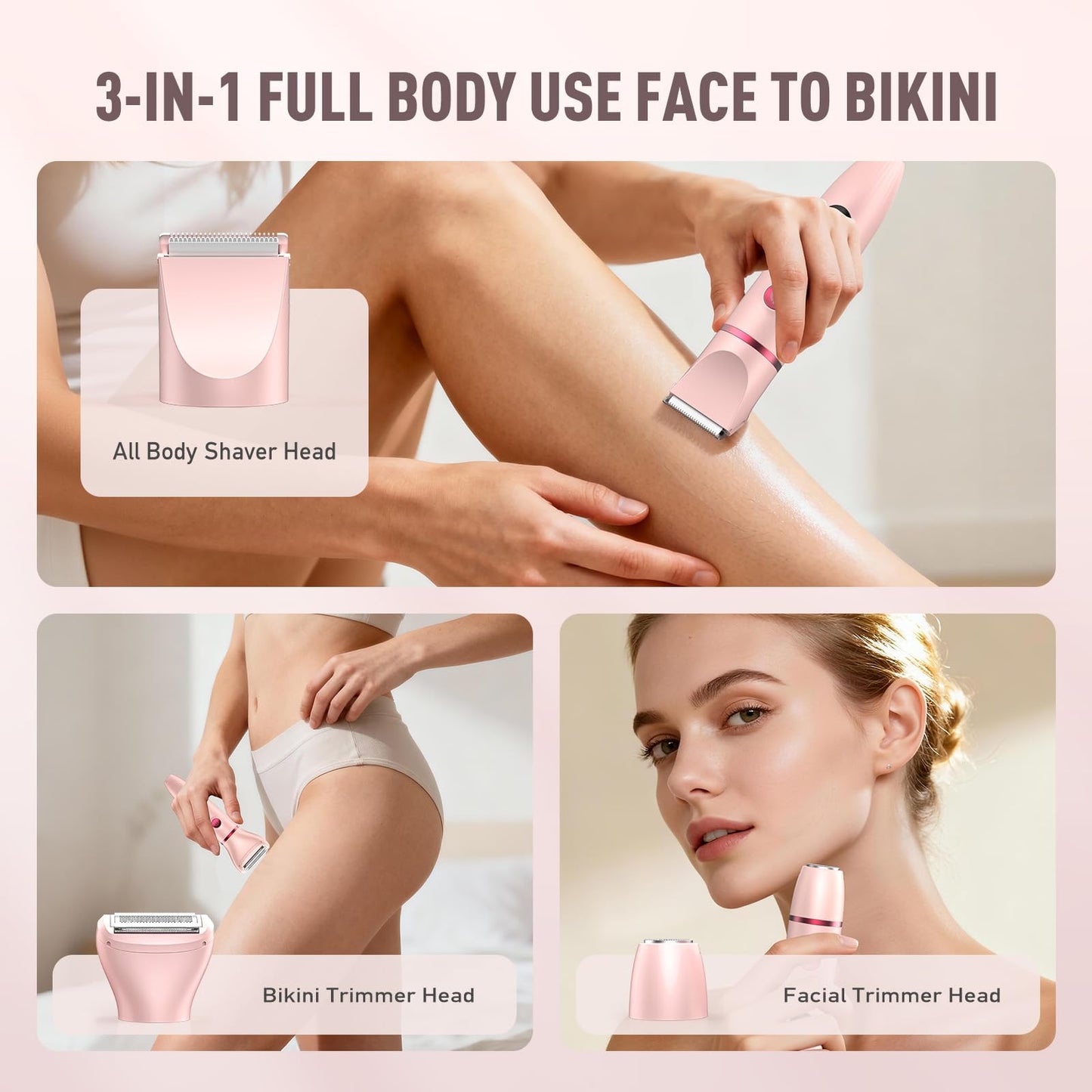 Crolanli Bikini Trimmer for Women, 3-in-1 Electric Razor, IPX7 Waterproof Ceramic Blades, Wet & Dry Use, LED Display, Painless Shaver for Bikini, Face, Underarms, Legs, Home Travel (Pink)