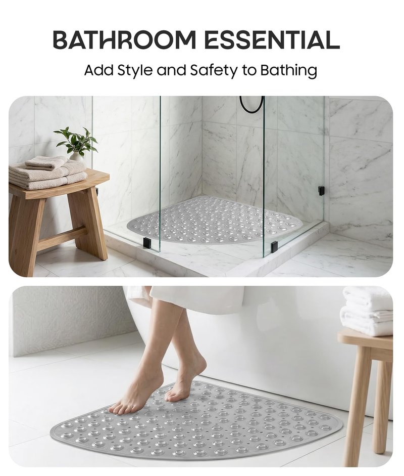 ADOV Corner Shower Mat Non Slip, 21x21 inch Curved Shower Mats for Inside Shower, Anti-Slip Bath Mat with Strong Suction Cup, Drain Holes, Machine Washable, Ideal for the Elderly (Grey)