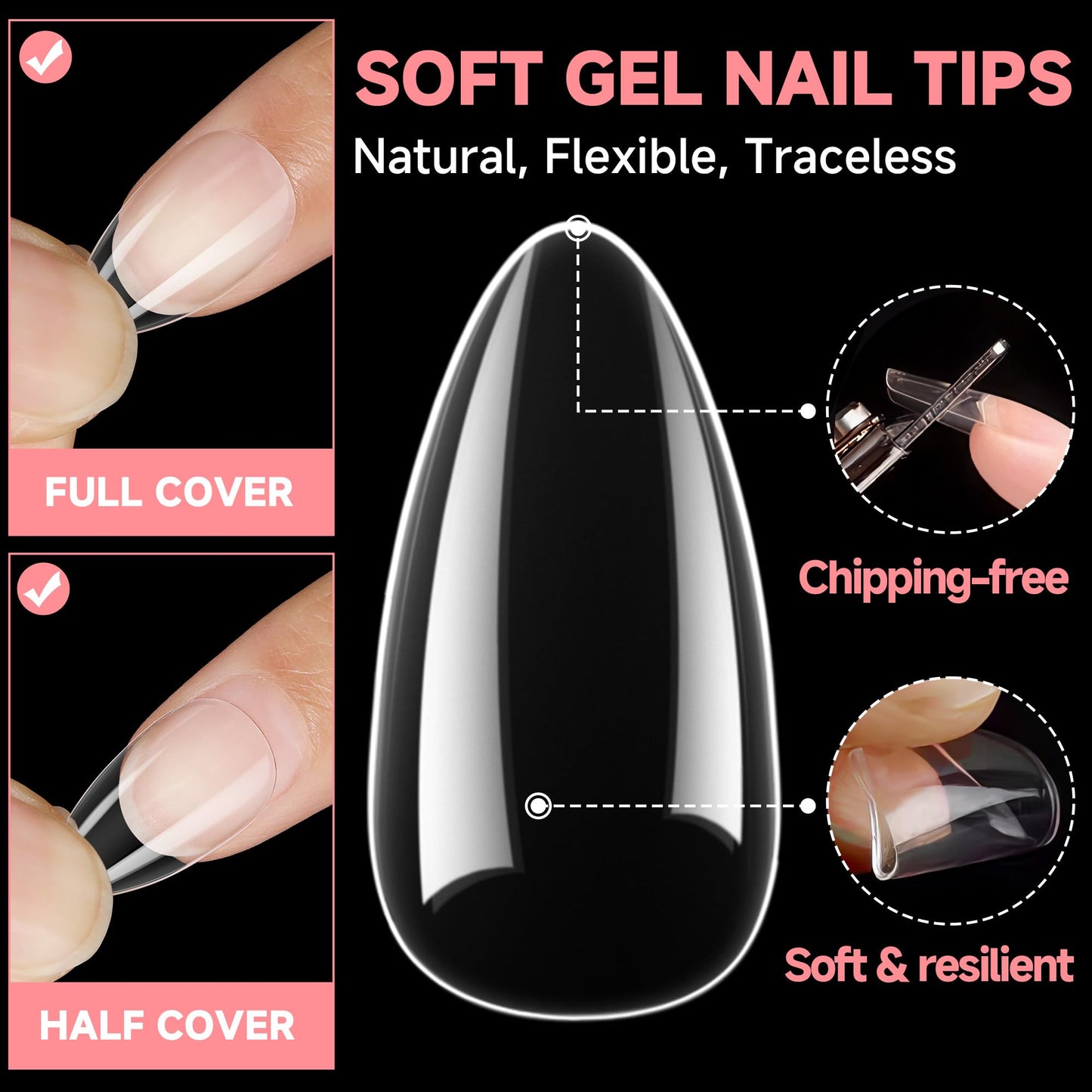 UNA GELLA Short Almond Nail Tips, 504PCS Long Lasting Short Almond Soft Gel Full Cover Nails Tips False Nails Clear Acrylic Gelly Tips for Acrylic Nail Extensions Press On Nails, 12 Sizes
